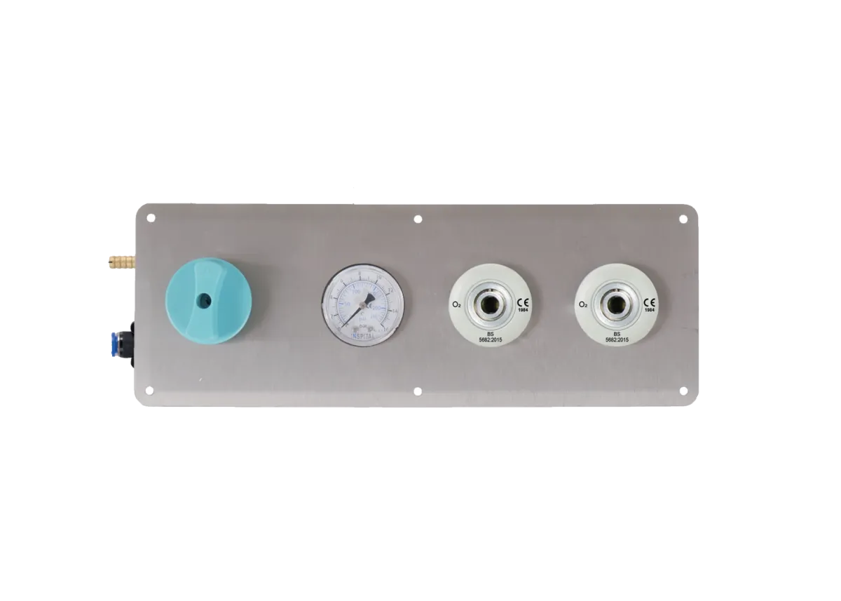 Stainless steel oxygen terminal panel with gauge and two gas outlets