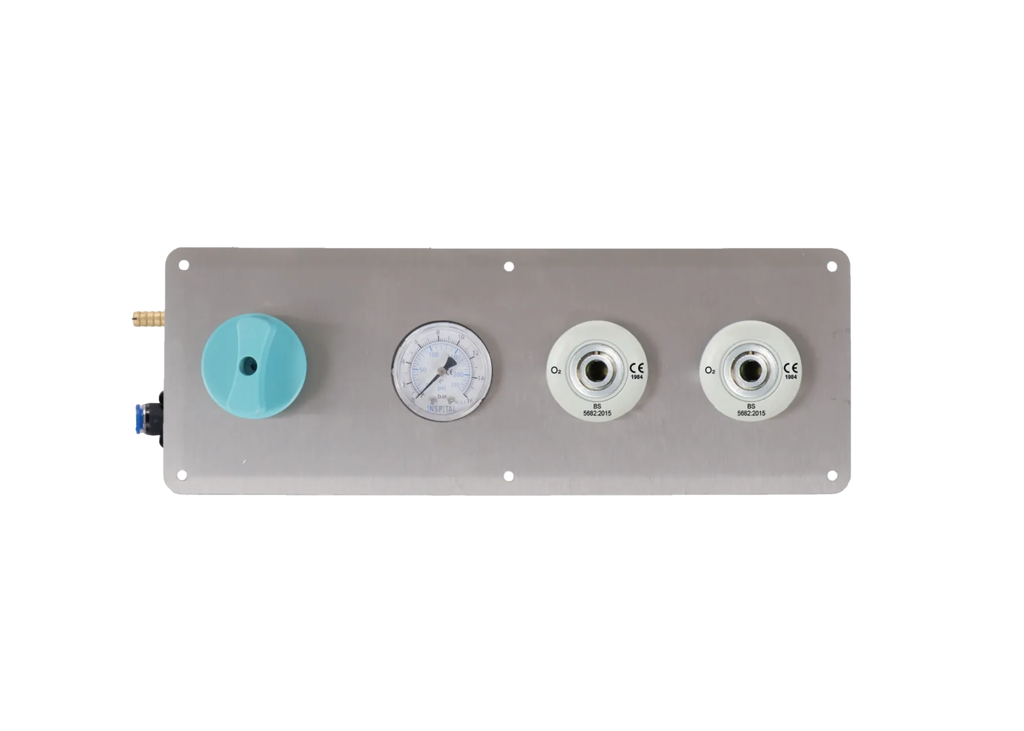 Stainless steel oxygen terminal panel with gauge and two gas outlets