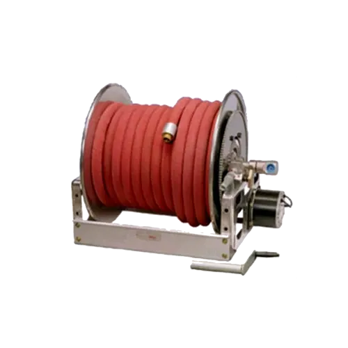 Fire hose reel with red hose on a metal floor stand, with crank handle and motor