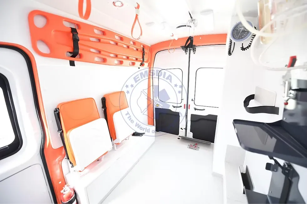 Attendant seats and rear doors in the Ford Transit ambulance patient compartment