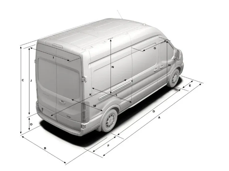 Ford Transit high roof base vehicle dimension drawing with measurement codes A to P