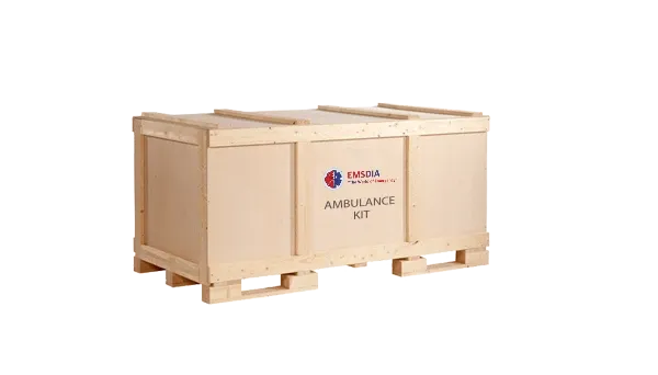 Wooden crate labelled EMSDIA Ambulance Kit on a pallet