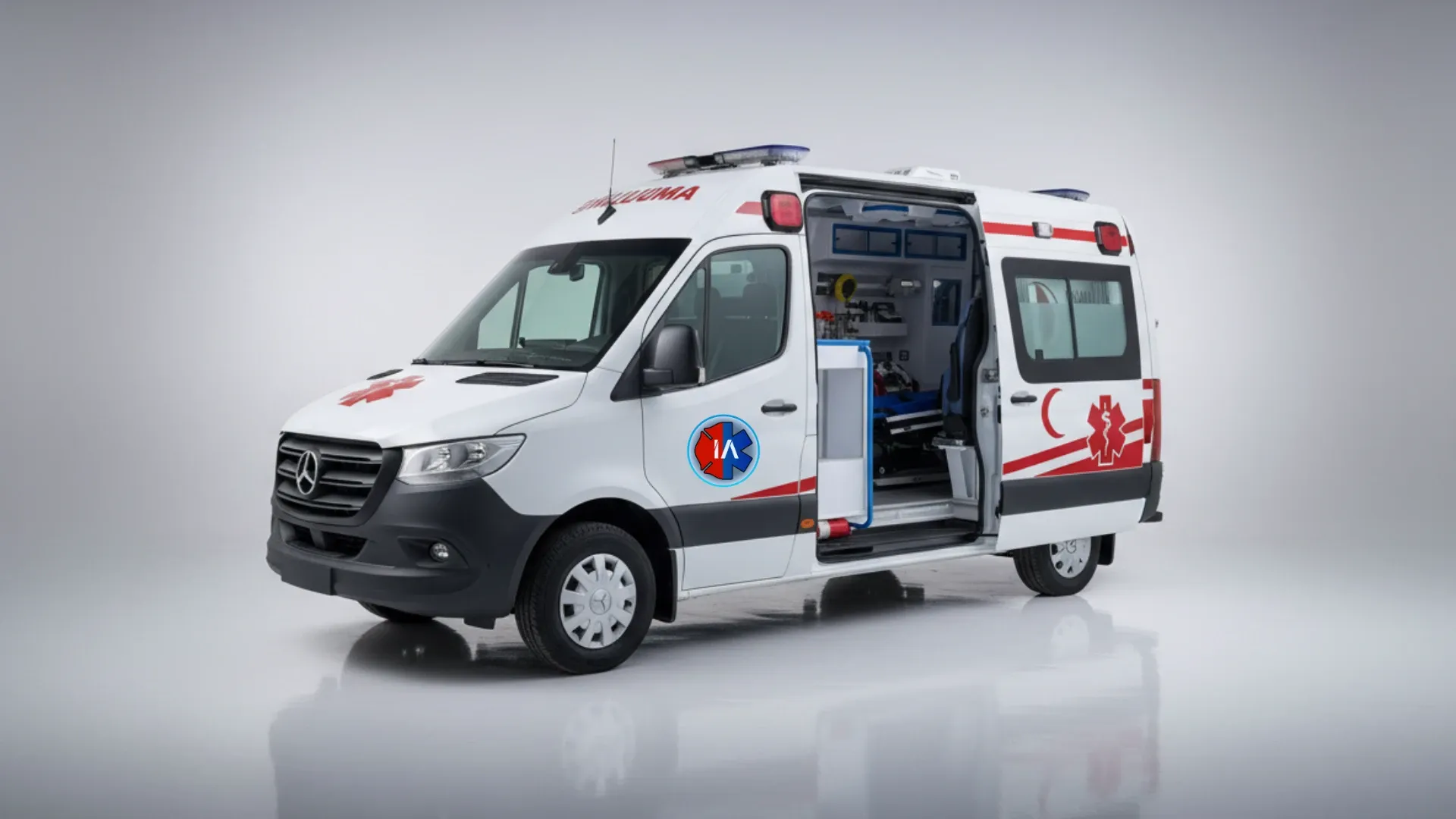 Right-hand drive Mercedes-Benz Sprinter ambulance with the side door open