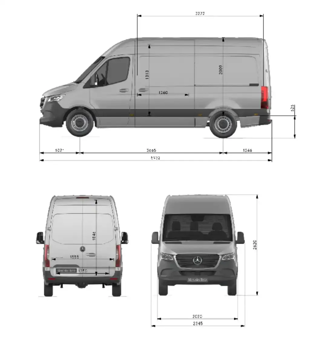 Plano de dimensiones de la Mercedes-Benz Sprinter: longitud 5932 mm, distancia entre ejes 3665 mm, altura 2620 mm, anchura 2345 mm