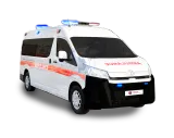 New-shape Toyota Hiace ambulance by EMSDIA, front three-quarter view