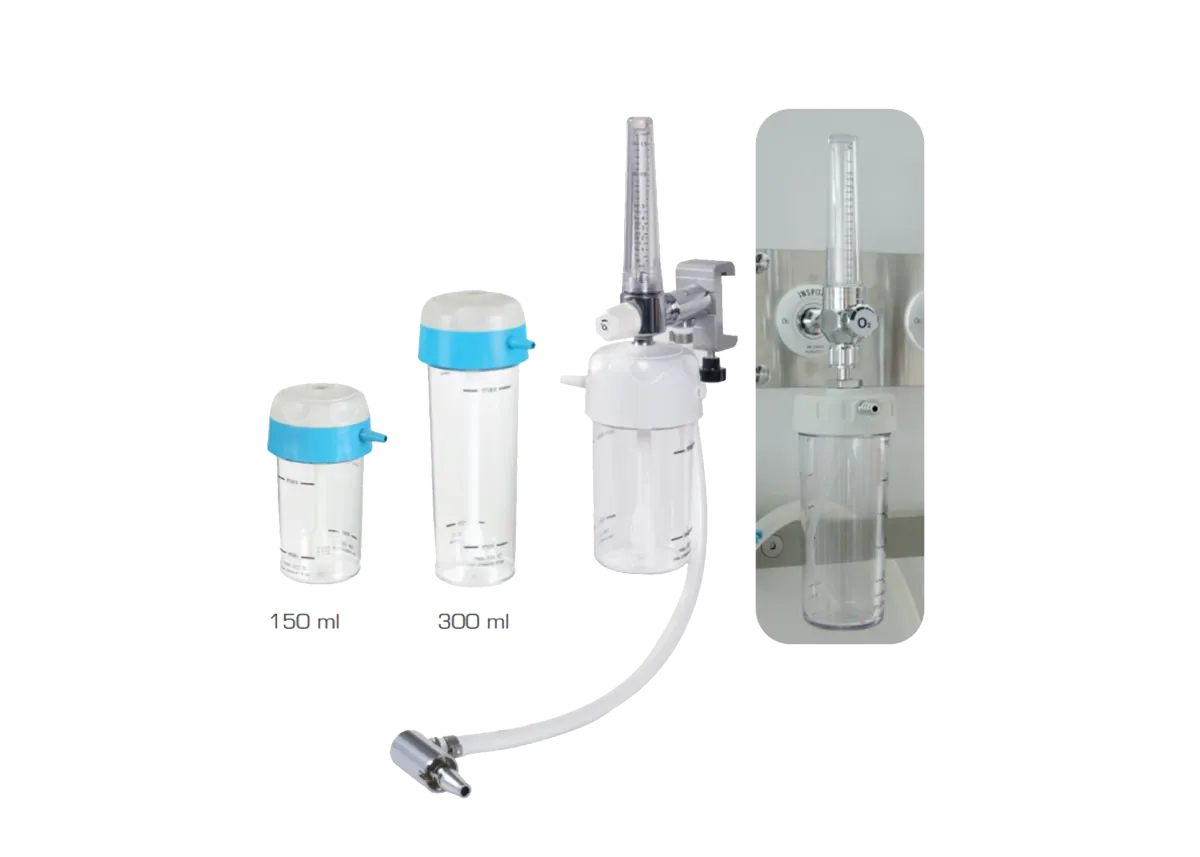 Oxygen flowmeters with 150 ml and 300 ml humidifier bottles