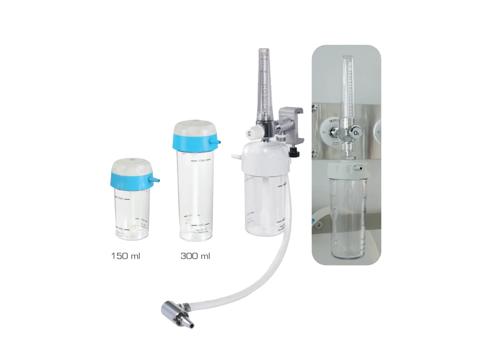 Oxygen flowmeters with 150 ml and 300 ml humidifier bottles