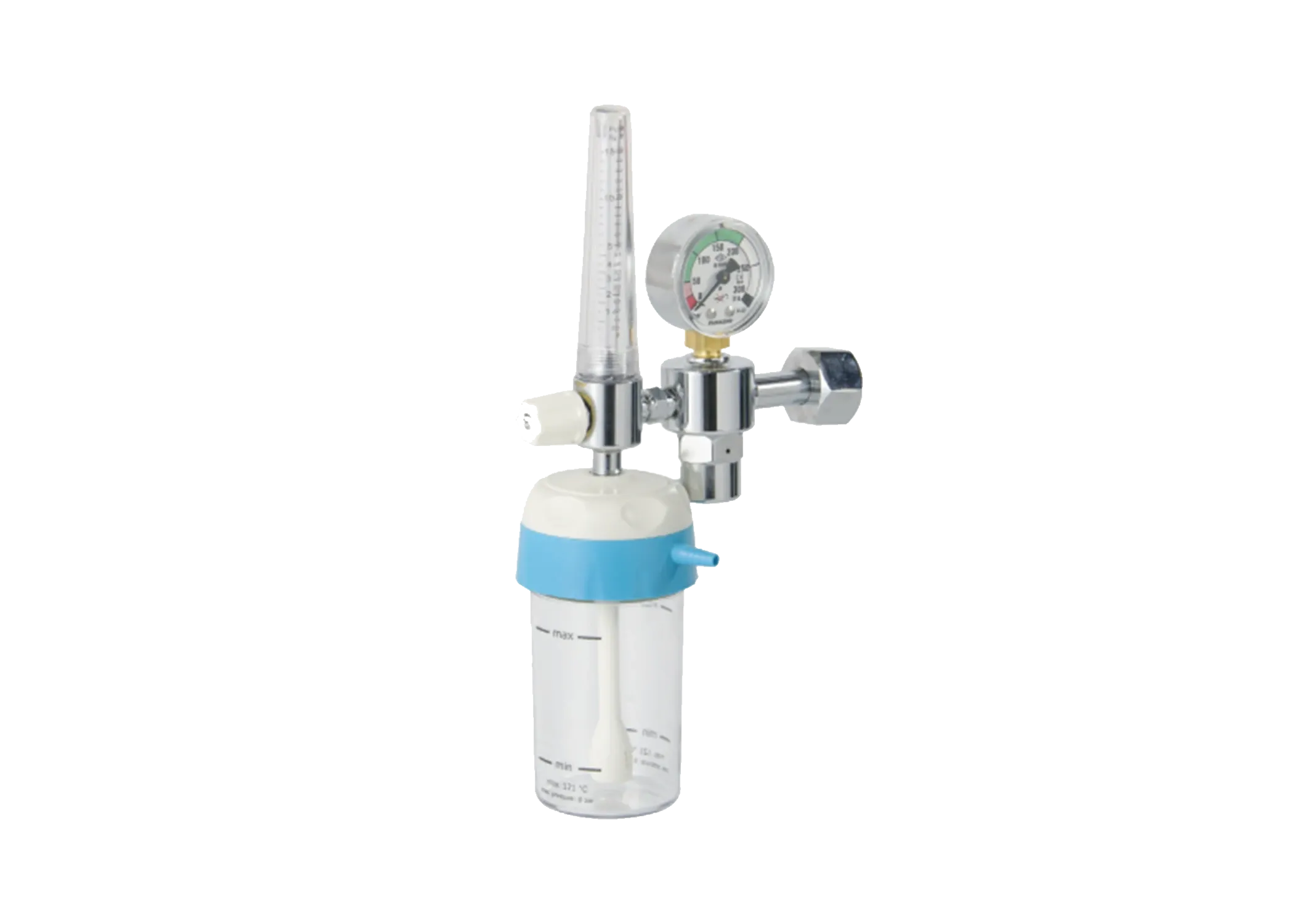 Oxygen therapy device with pressure gauge, flowmeter and humidifier bottle