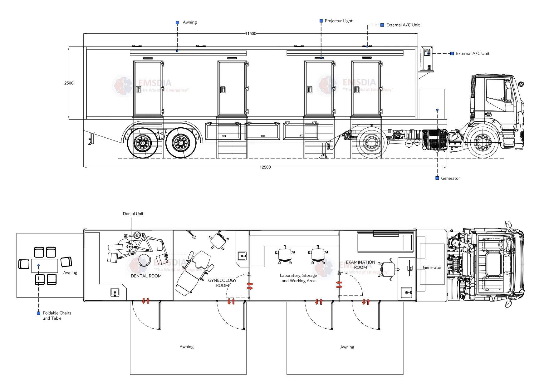 Technical drawing of a mobile clinic on a three-axle truck with dental, gynecology, laboratory and examination rooms