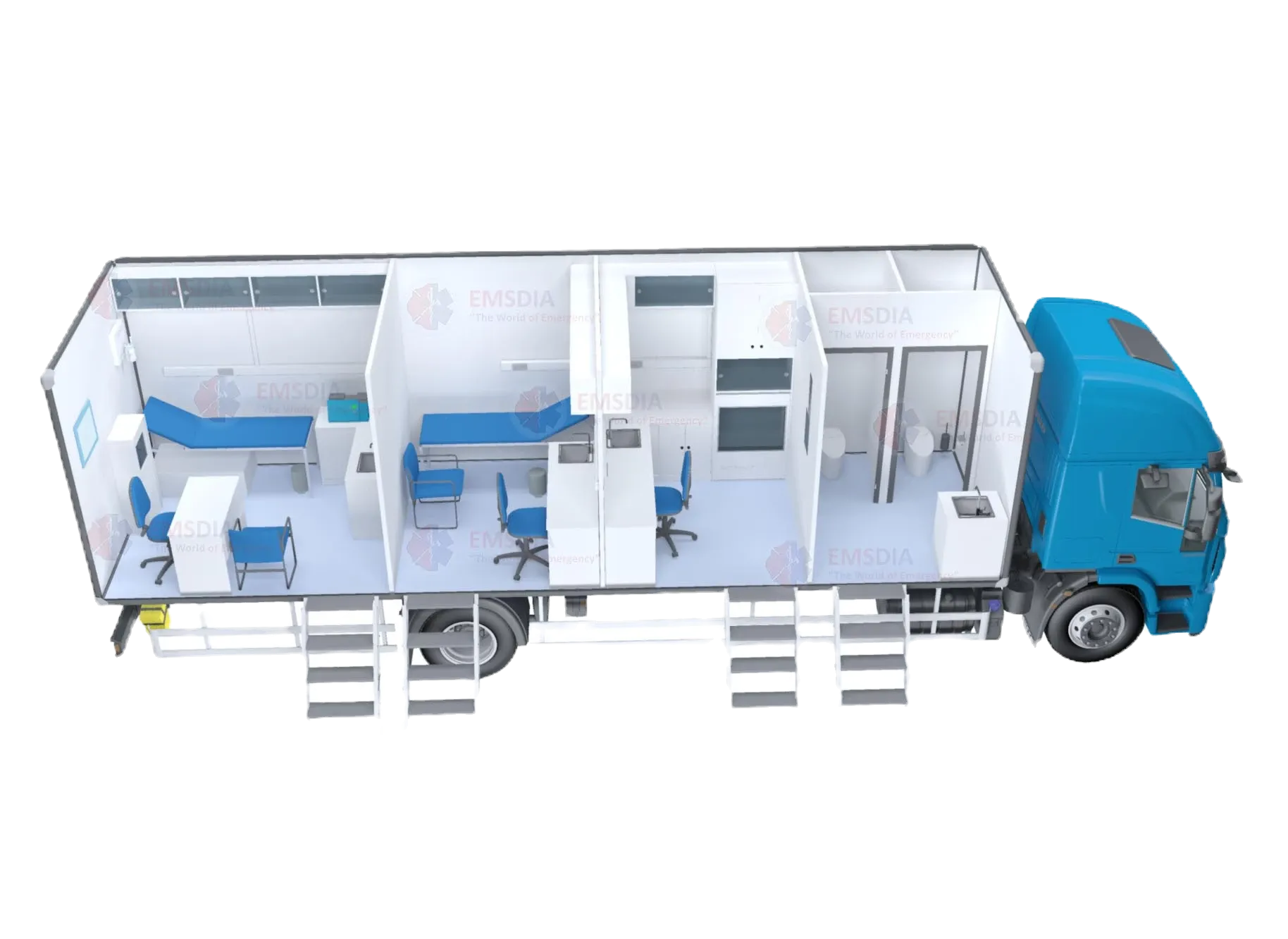 Cutaway 3D view of an IVECO mobile clinic with two examination rooms, a laboratory and a toilet
