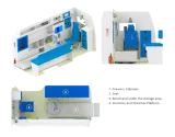 Old-shape Hiace patient compartment layout: cabinets, seat, bench and stretcher platform